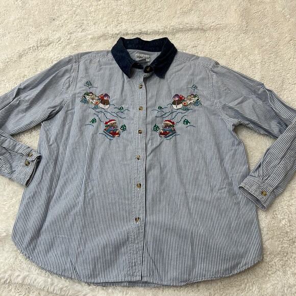 Unbranded Tops - Womens Embroidered Cotton XLP Strips Blue Multicolor Christmas Holiday Festive